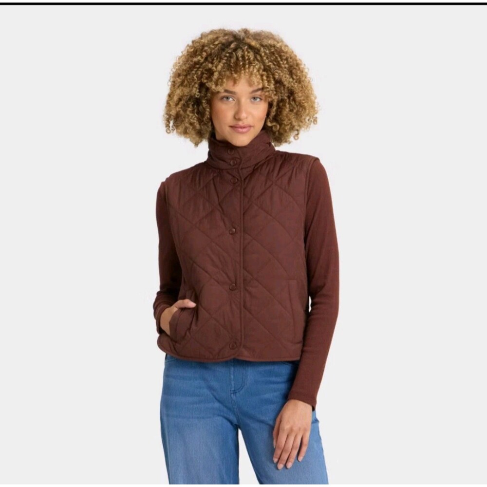 Women's A New Day Snap Button Quilted Vest Brown XS